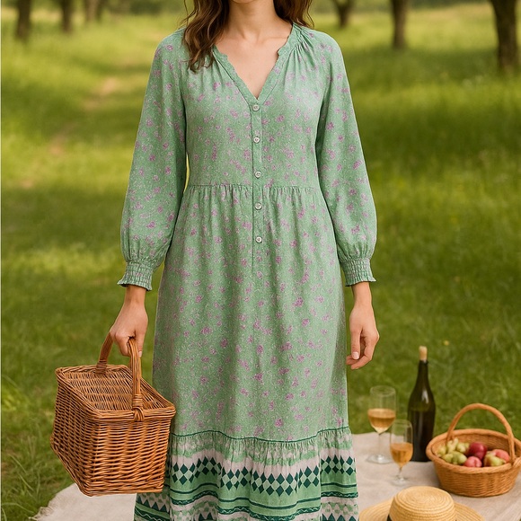 Wonderly Dresses & Skirts - Wonderly Green Floral Boho Midi Dress Size XL Cotton Long Sleeve NWT Cottagecore